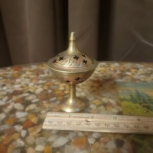 Vintage Mini Incense burner or censer with lid etched brass with red India brass